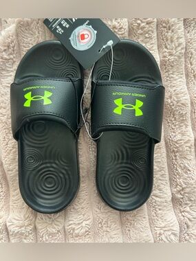 Under Armour Kids Black Slide Sandals with Neon Green Logo